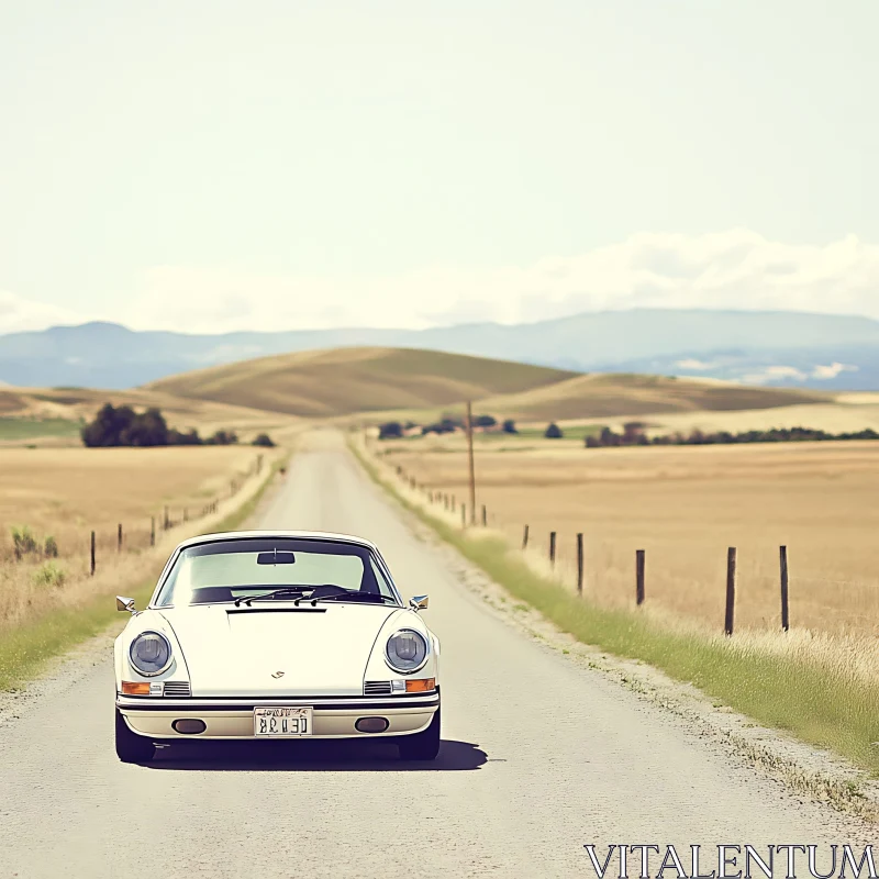 Vintage Car on Rural Road with Mountain Views AI Image