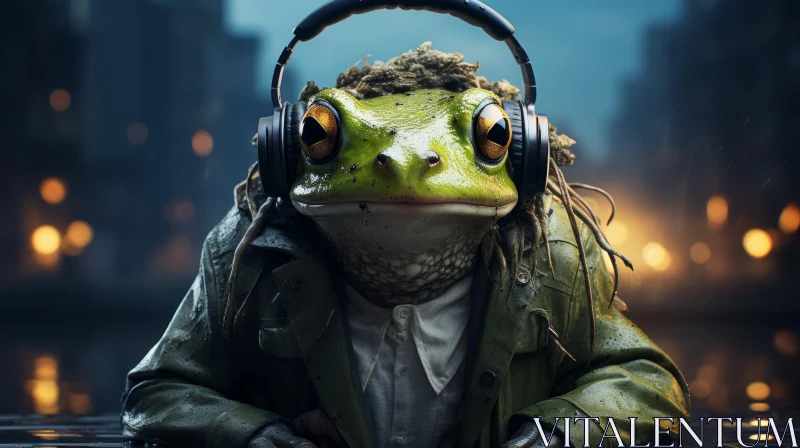 Musical Frog Overlooking the City at Night AI Image