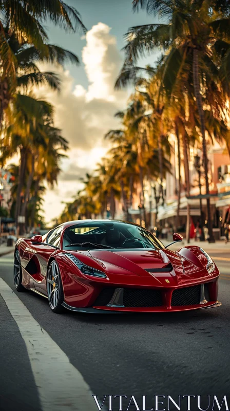 Sleek Red Sports Car with Palm Trees at Dusk Sleek Red Sports Car with Palm Trees at Dusk