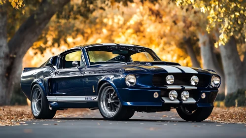 Vintage Blue Car in Fall Landscape