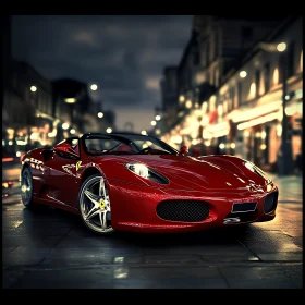 Luxury Red Car on Wet Cobblestone Street