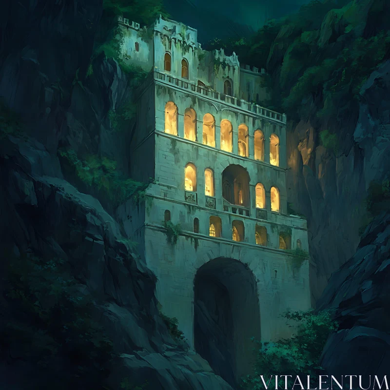 Illuminated Ancient Building Amidst Cliffs at Night Illuminated Ancient Building Amidst Cliffs at Night