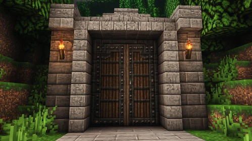 Medieval Stone Doorway with Torches in Greenery