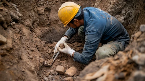 Dedicated Worker in Yellow Helmet Digging in Soil
