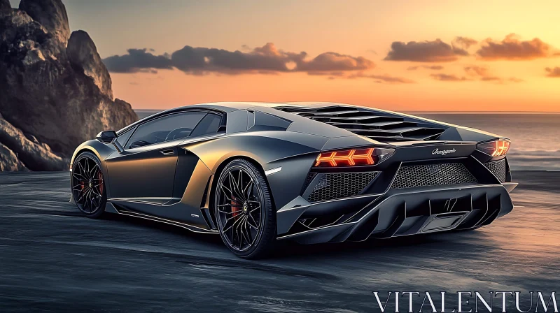 Luxury Exotic Car against a Sunset Sea Luxury Exotic Car against a Sunset Sea