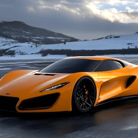Sleek Sports Car in Snowy Mountain Landscape