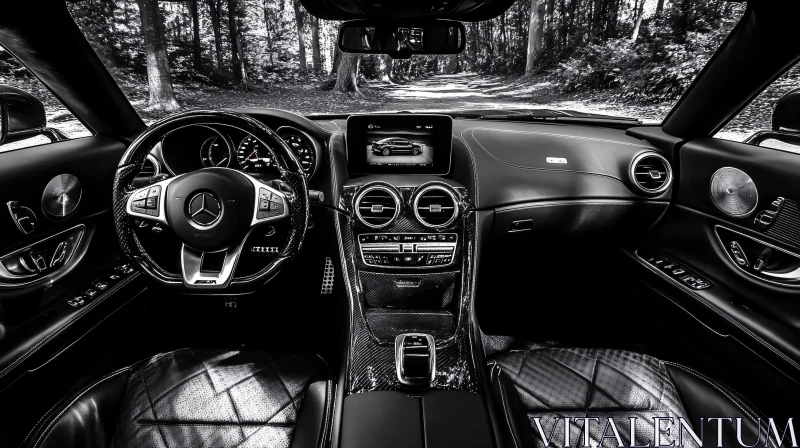 High-Tech Car Interior and Scenic Forest Road High-Tech Car Interior and Scenic Forest Road
