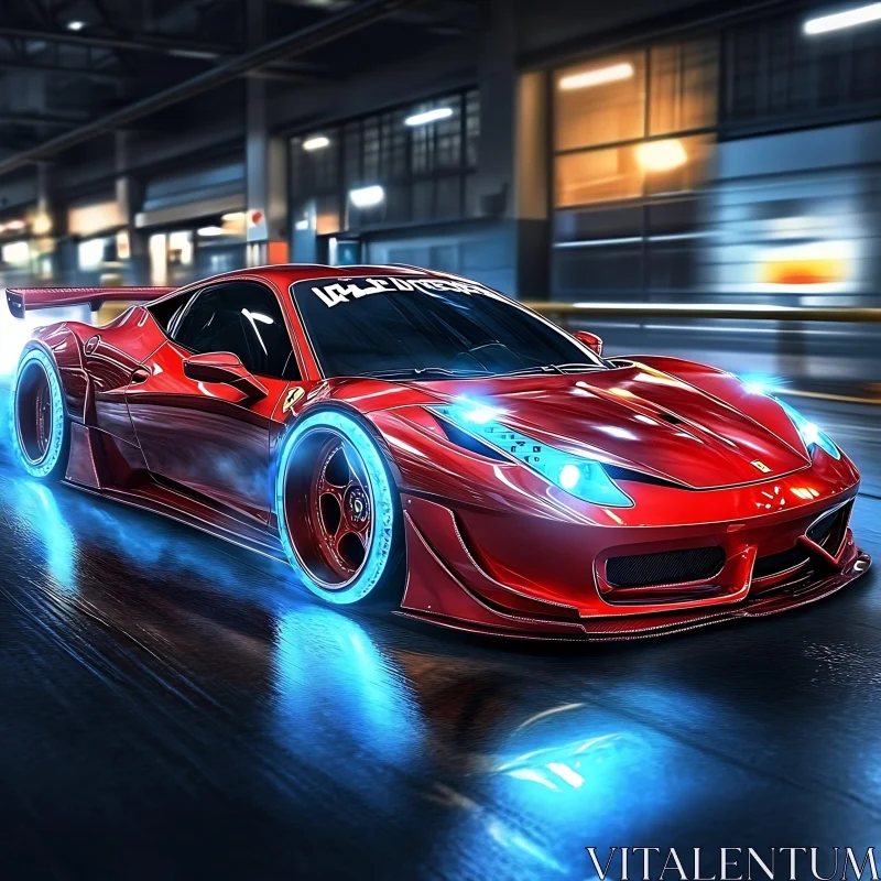 High-Speed Red Racing Car with Neon Blue Illumination High-Speed Red Racing Car with Neon Blue Illumination