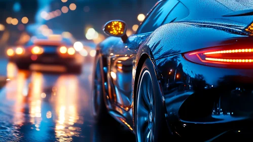 Sleek Sports Car in Rainy Urban Night