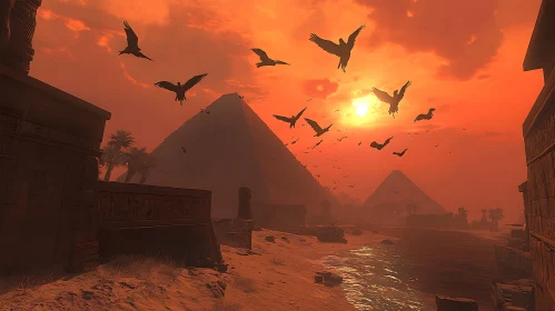 Sunset Over Egyptian Pyramids with Birds Soaring