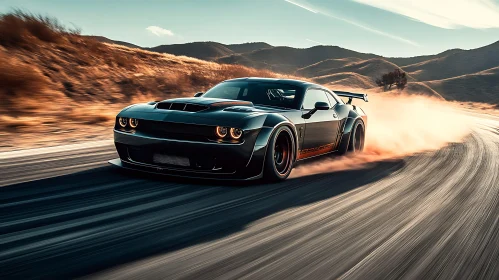Desert Drift: High-Performance Black Muscle Car
