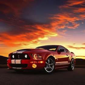Sleek Red Car under a Vibrant Sunset