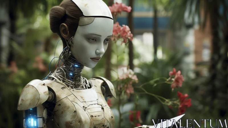 Photorealistic Portraiture: Female Robot with Envelope Amidst Botanical Backdrop AI Image