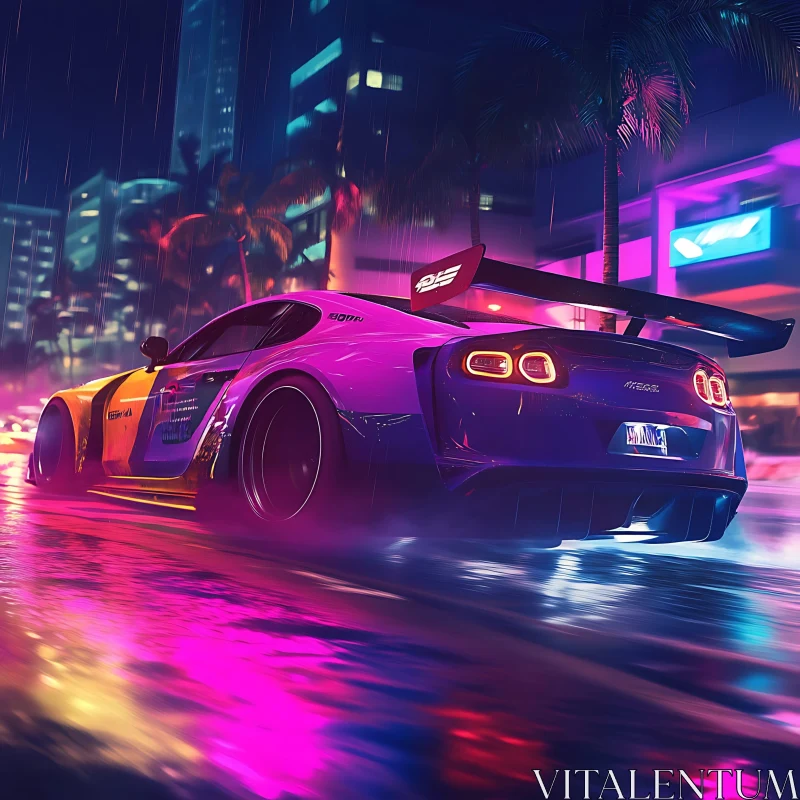 Speeding Sports Car in Neon-Lit City AI Image