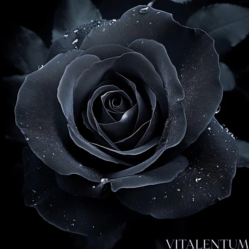 Black Rose Close-Up with Dewdrops AI Image