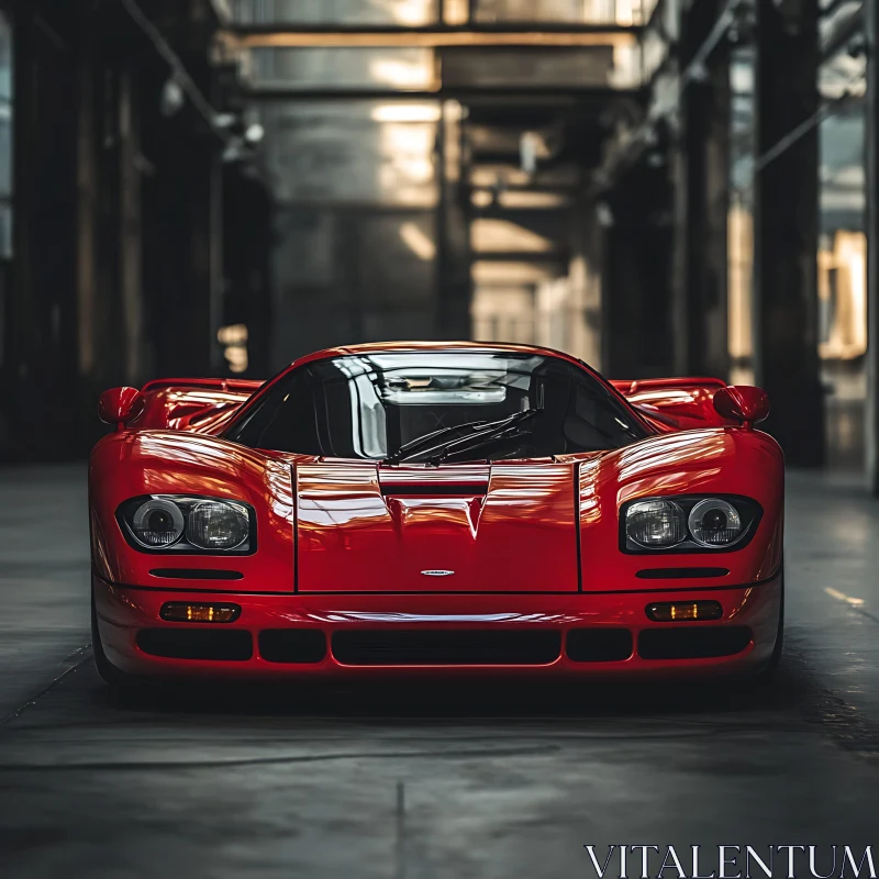 Red Supercar Amidst Industrial Backdrop AI Image