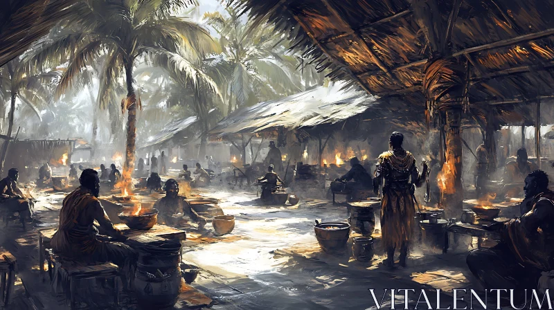 Bustling Village Market Under Shaded Canopy AI Image