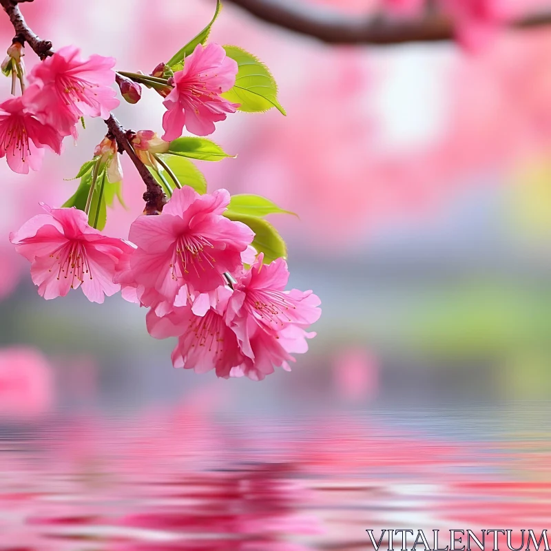 Pink Cherry Blossoms Over Water AI Image