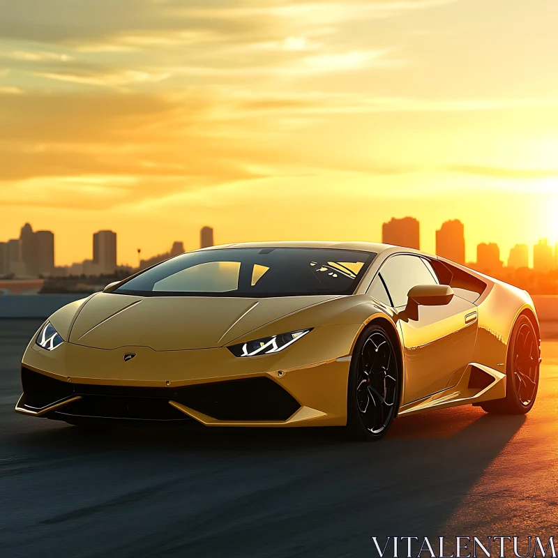 Yellow Sports Car with City Skyline at Sunset AI Image