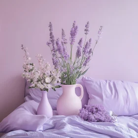 Lavender and White Flowers on Lilac Bedspread