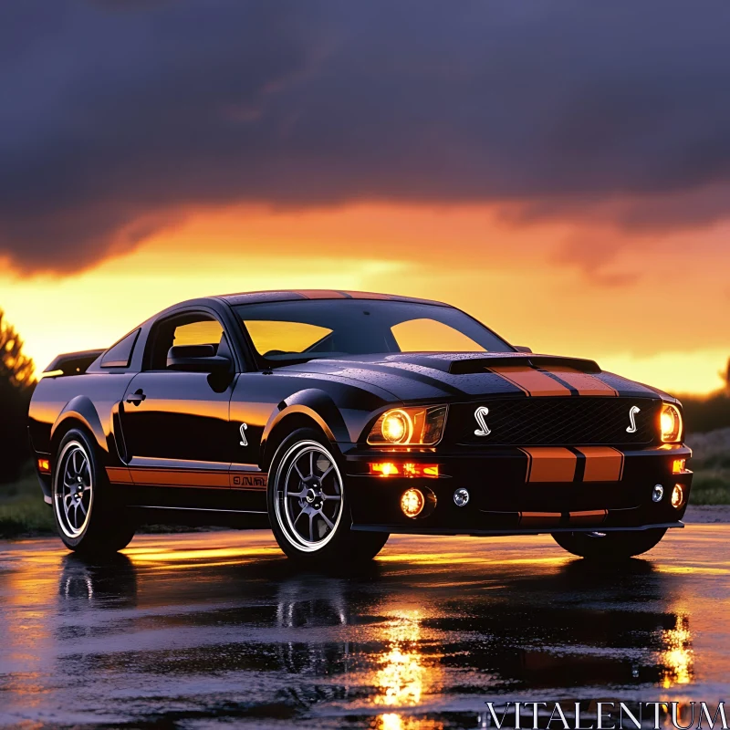 Black Muscle Car with Orange Stripes at Dusk AI Image