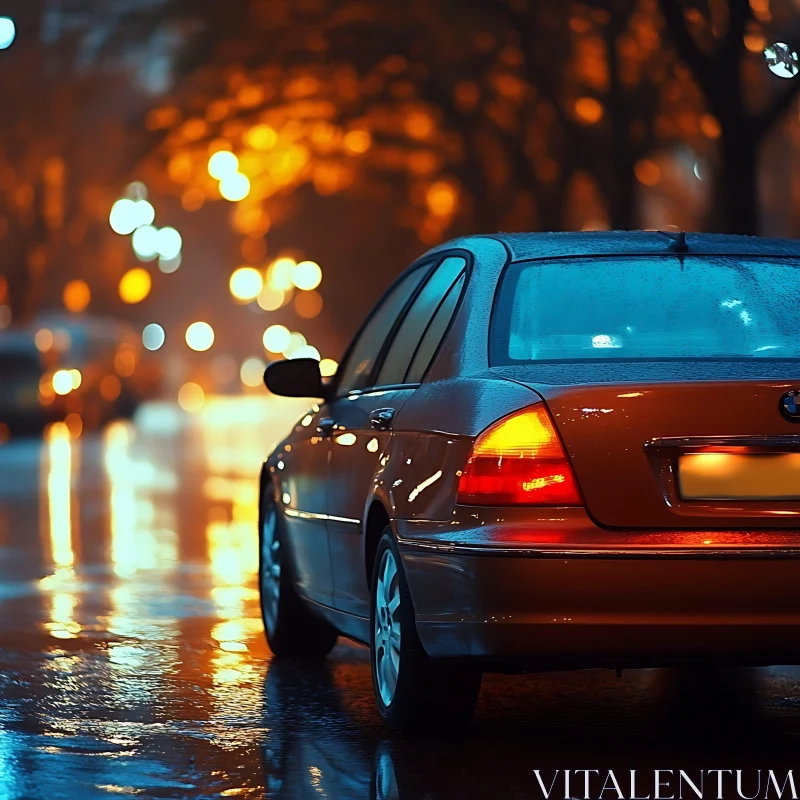 Nighttime Car Scene with Wet Streets and Streetlights AI Image