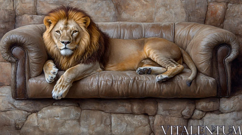 Regal Lion Reclining on Leather AI Image