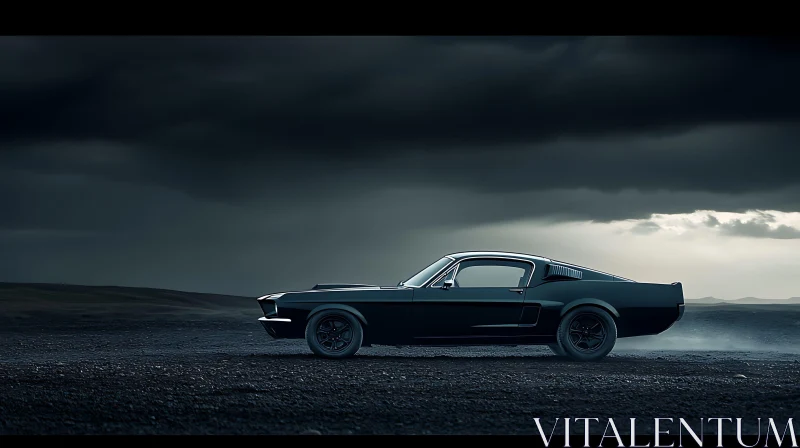 Black Classic Car in Dramatic Landscape AI Image