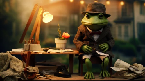 Frog in Top Hat: A Tranquil Gardenscape with Hidden Meanings