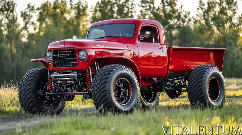 Classic Red Truck with Oversized Tires in Nature AI Image