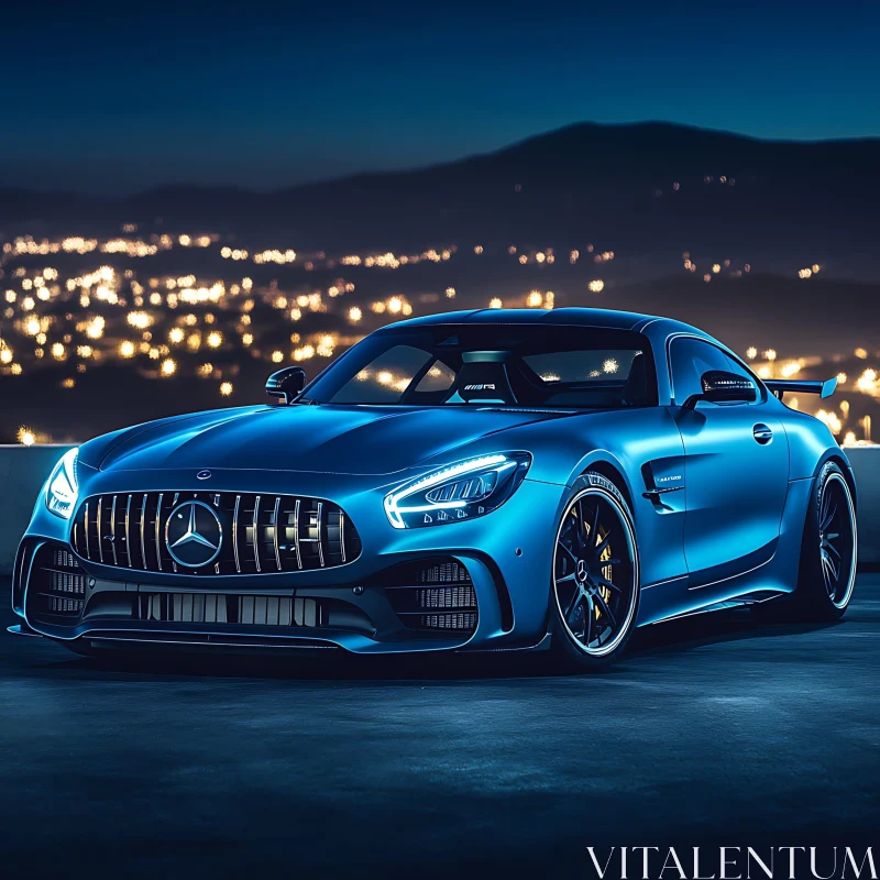 Blue Mercedes Sports Car at Night with City Light Backdrop AI Image