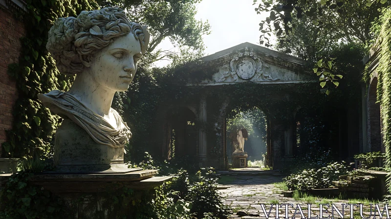 Overgrown Classical Garden with Stone Statue AI Image