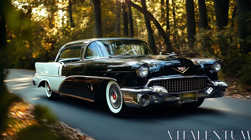 Vintage Black and White Car on Forest Road AI Image