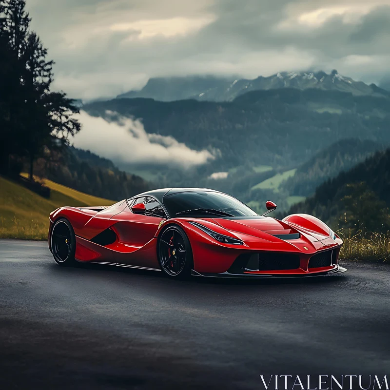 Luxury Red Car Against Alpine Scenery AI Image