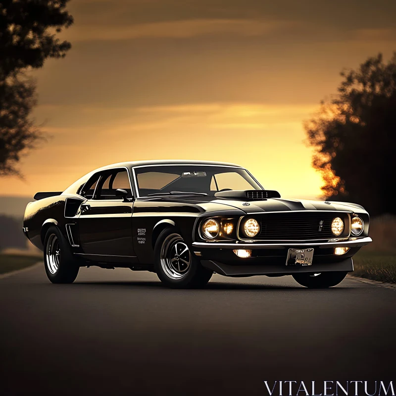 Sleek Vintage Muscle Car on a Sunset Road AI Image