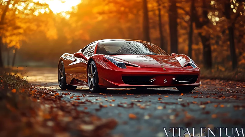 Luxury Red Car in Autumnal Forest Setting AI Image