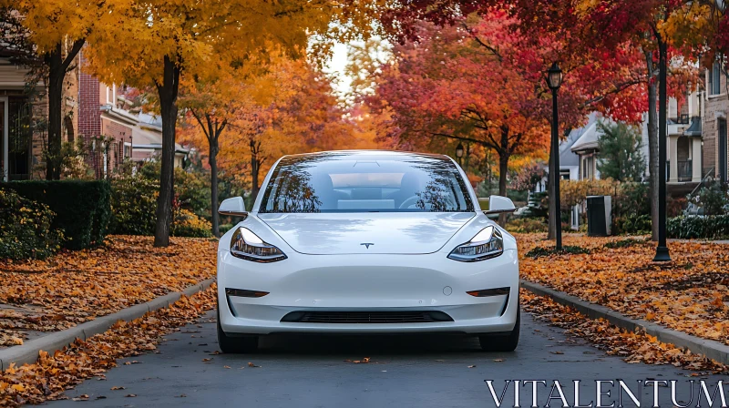 Electric Car Amidst Autumn Leaves AI Image