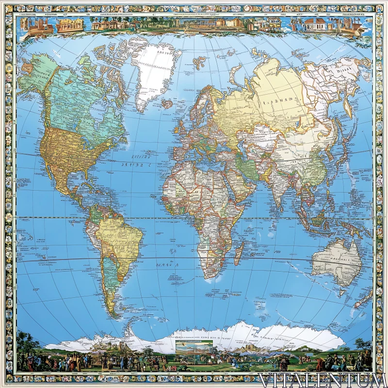 Antique World Map with Detailed Borders and Geographical Features AI Image