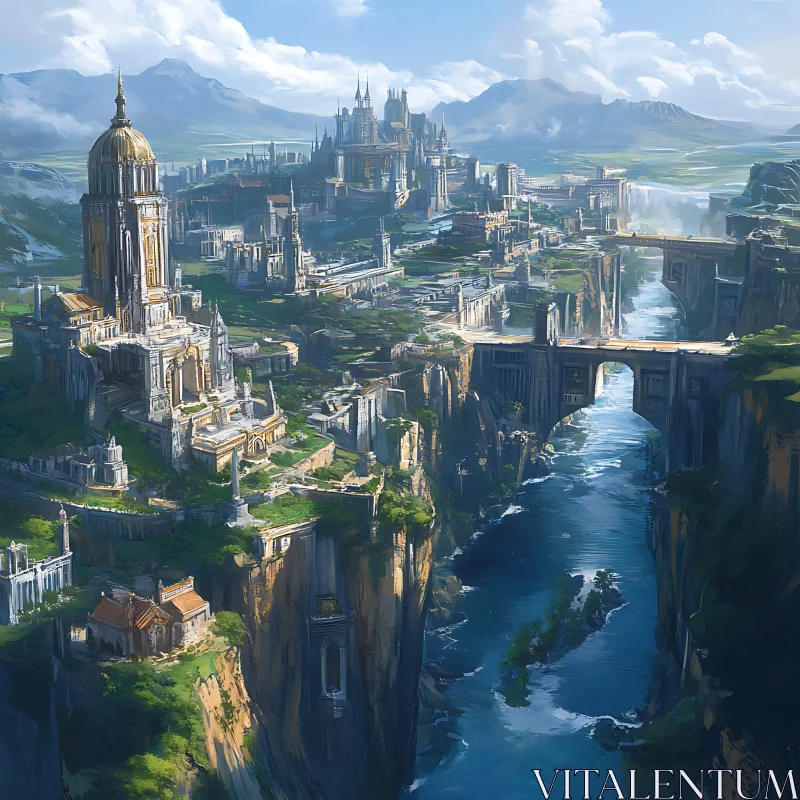 Fantasy Cityscape with Grand Architecture and Waterways AI Image