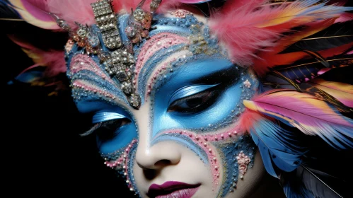 Exquisite Blue and Pink Feathers: A Meticulously Designed Masquerade Mask