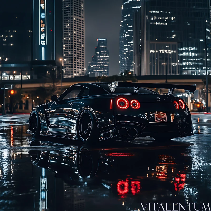 Urban Scene with Sports Car at Night AI Image