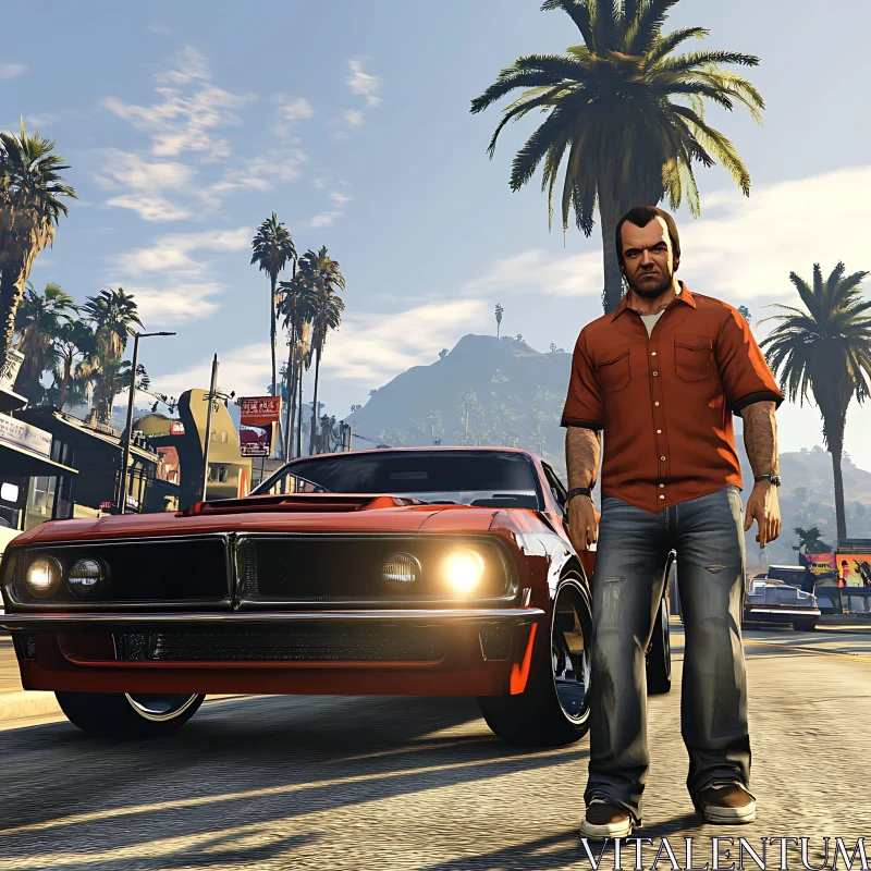 Urban Scene with Muscle Car and Palm Trees AI Image