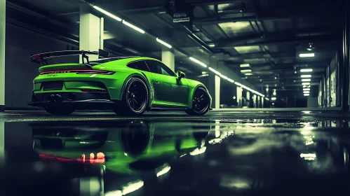 Green Sports Car in a Modern Garage