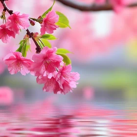 Pink Cherry Blossoms Over Water