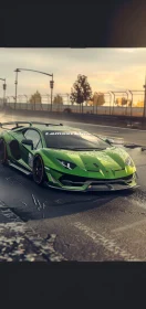 Green Supercar with Aerodynamic Design at Sunrise