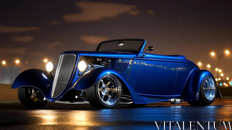 Glossy Blue Vintage Convertible Against City Lights AI Image