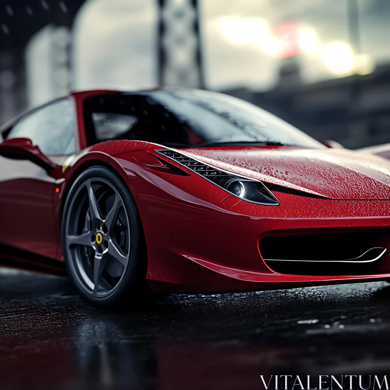 Sleek Red Sports Car in Rain AI Image