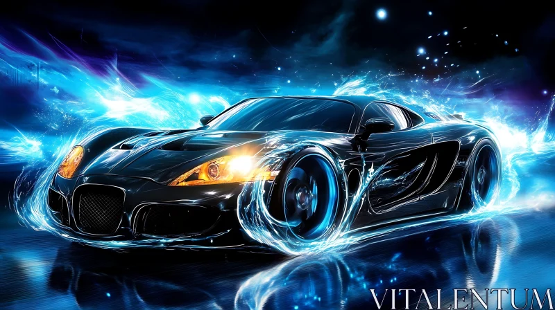 AI ART High-Speed Black Sports Car with Blue Glow