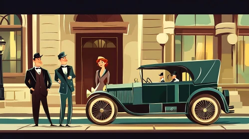 Nostalgic City Scene with Classic Car and 1920s Fashion