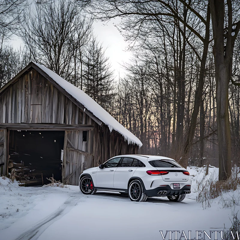 Luxury Car in Wintery Barn Setting AI Image